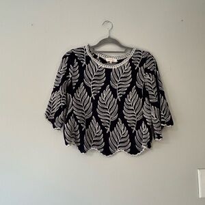 Solitaire Embroidered Navy Crop Top M Boho Leaf Lace Trim Scallop Hem